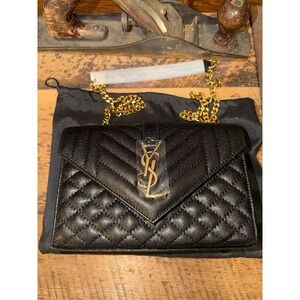 Saint Laurent Envelope Quilted Black Grain de Poudre Leather Gold Hardware